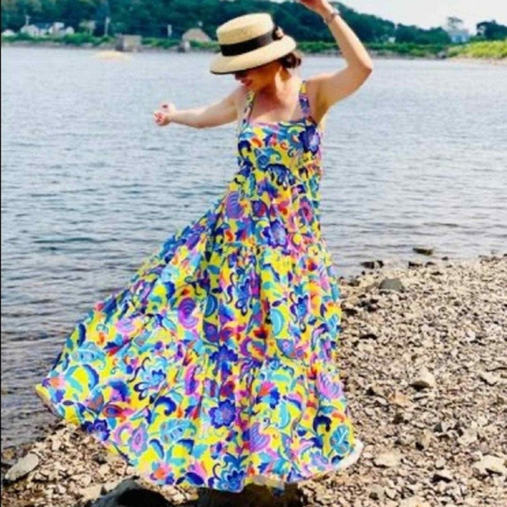 J.Crew Yellow Floral Paisley Tiered Maxi Dress Cross Back AP333 Size 6 NEW